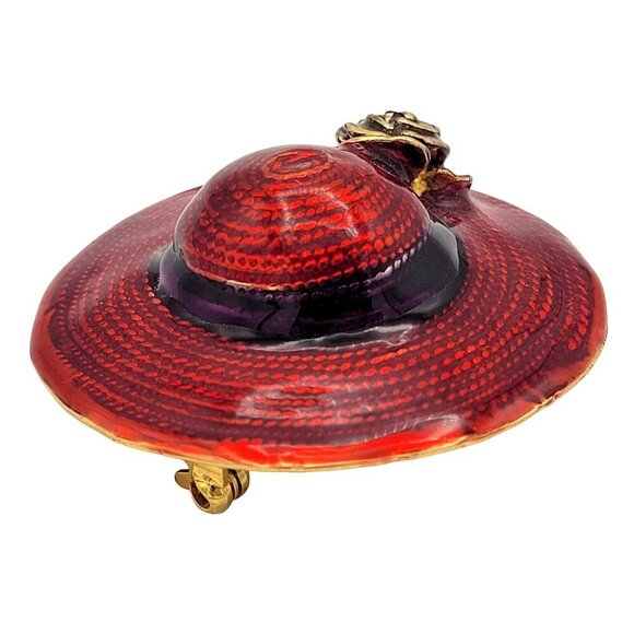 Vintage Red Enamel Hat Brooch Pin With Black Band & Rose Design Cast Metal 1.75" - Picture 3 of 4
